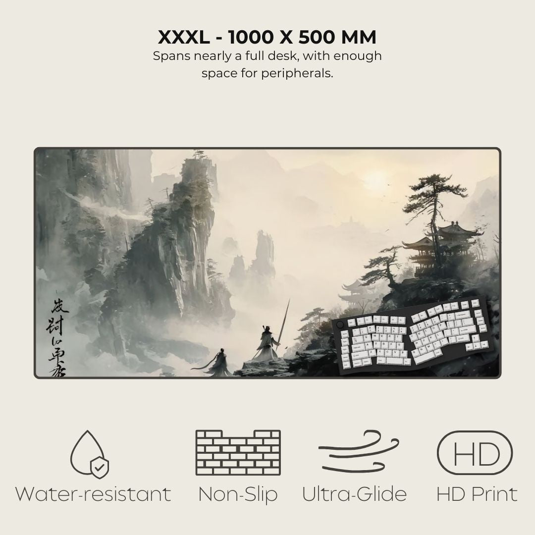Traditional Chinese landscape shown on an XXXL gaming mat with two warriors climbing a mountain.