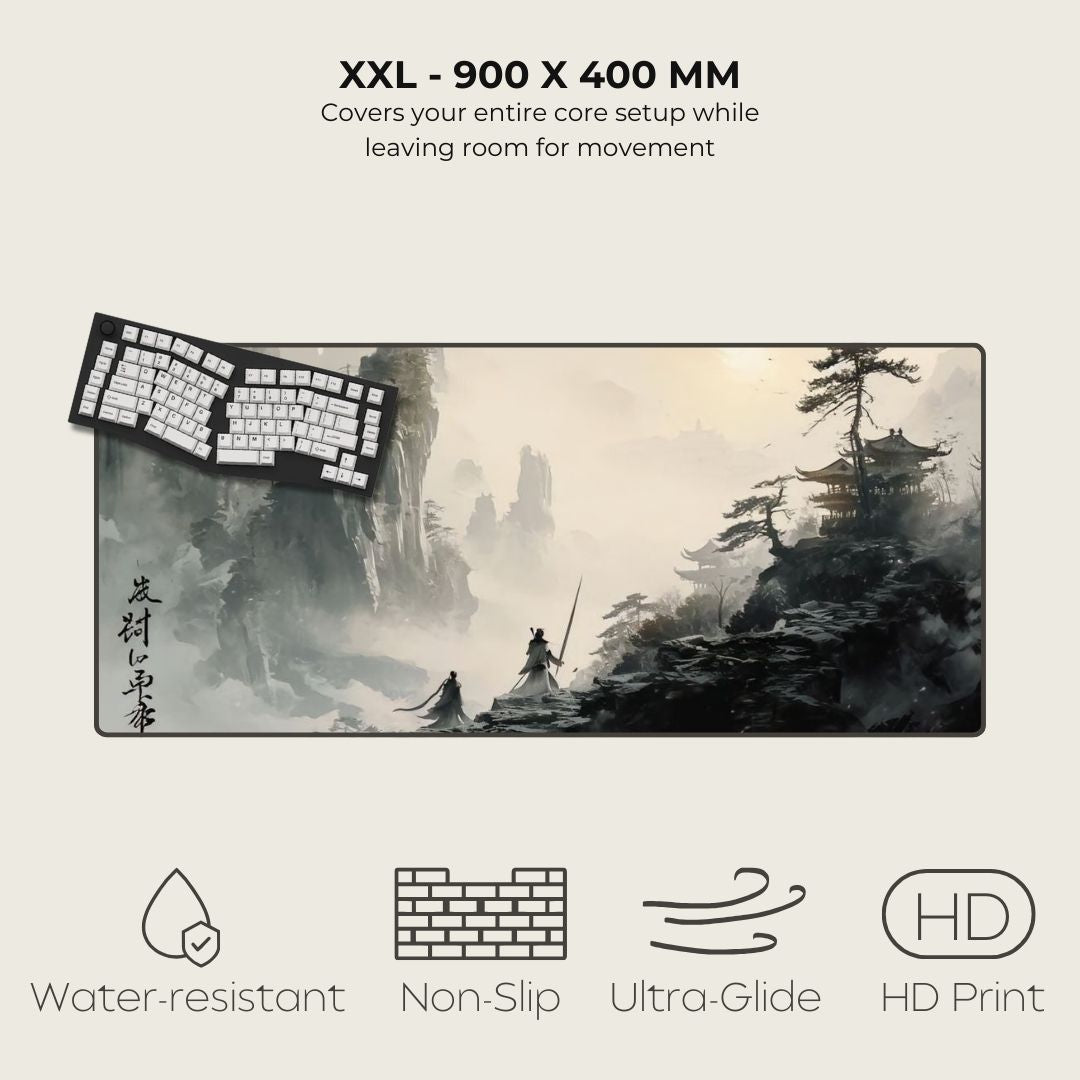 Traditional Chinese landscape shown on an XXL gaming mat with two warriors climbing a mountain.