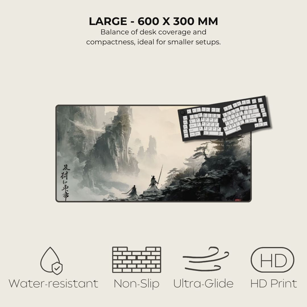 Large desk mat with artistic design and product features on a white background.