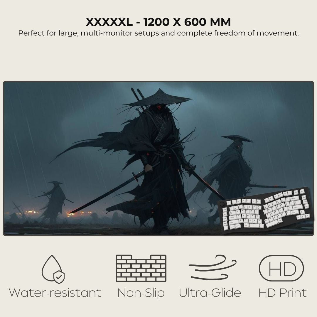 Dark-themed illustration with ronin figures in the rain.