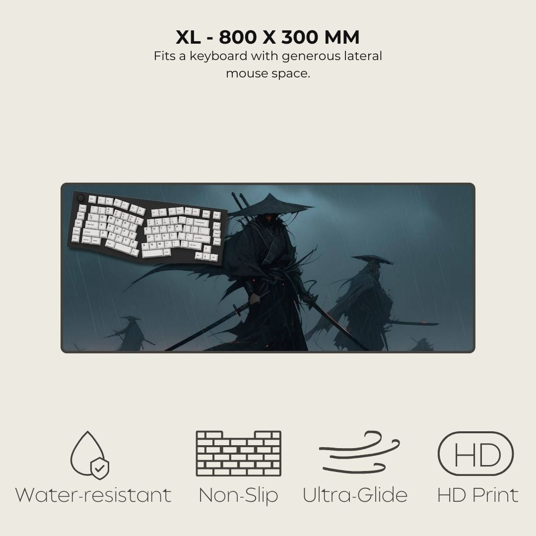 Dark-themed illustration with ronin figures in the rain, on the best XL pad for gamers.