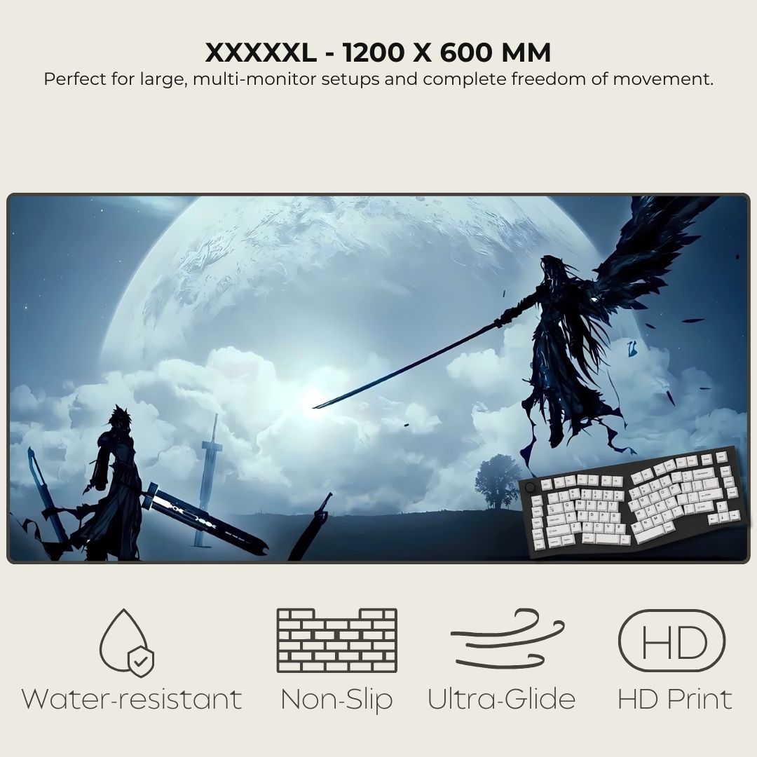 5XL mouse pad with fantasy design featuring two warriors dueling against a moonlit background.