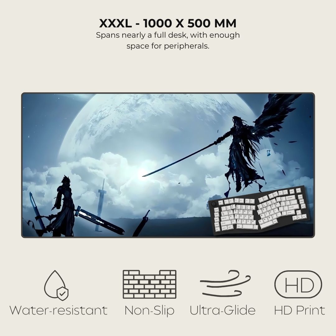 3XL mousepad with fantasy design featuring two warriors dueling against a moonlit background.