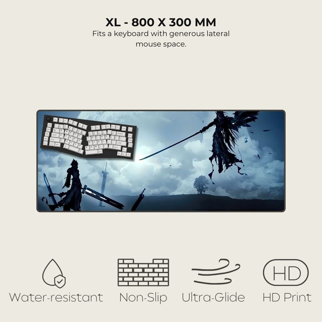 XL mousepad with fantasy design featuring two warriors dueling against a moonlit background.