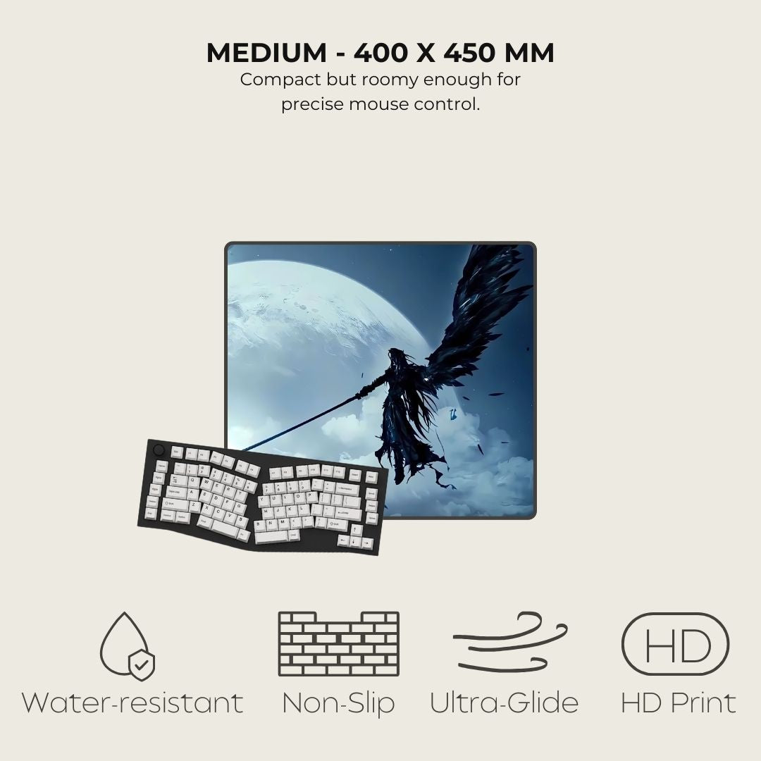Gaming mousepad with fantasy design featuring two warriors dueling against a moonlit background.