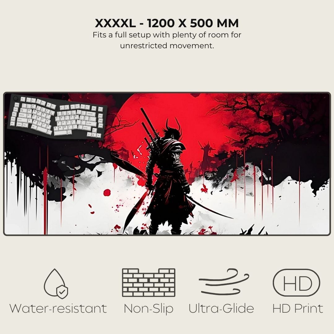 XXXXL mouse pad with a samurai design, featuring text about size and features.