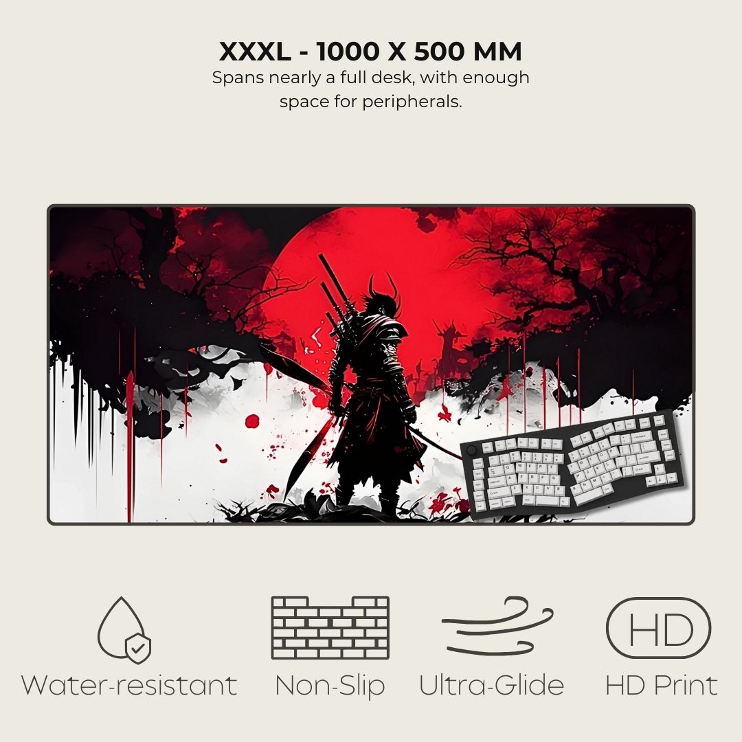 XXXL mouse pad with a samurai design, featuring text about size and features.