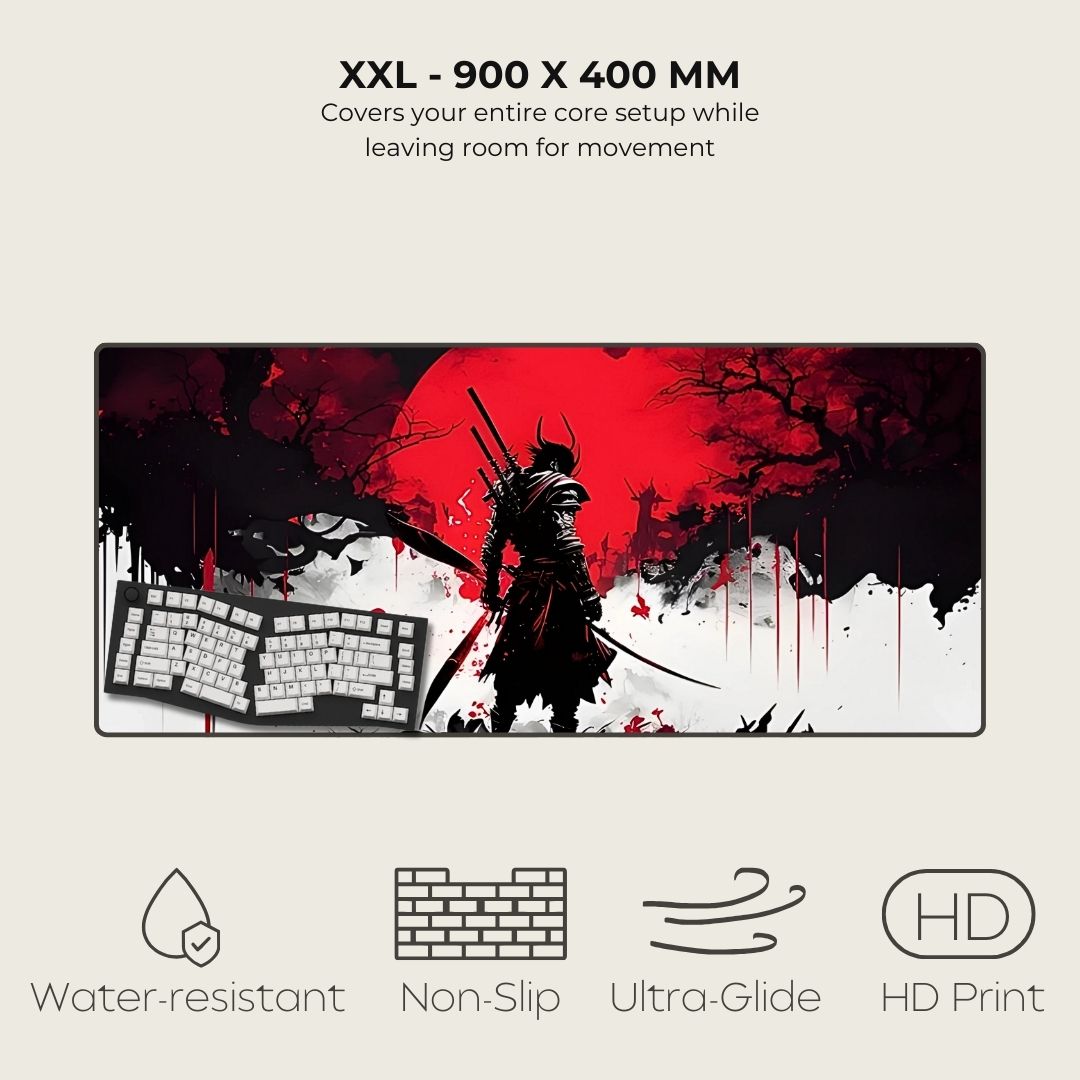 XXL mouse pad with a samurai design, featuring text about size and features.