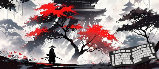 Artistic depiction of a warrior silhouette with red leaves and a traditional building in the background.