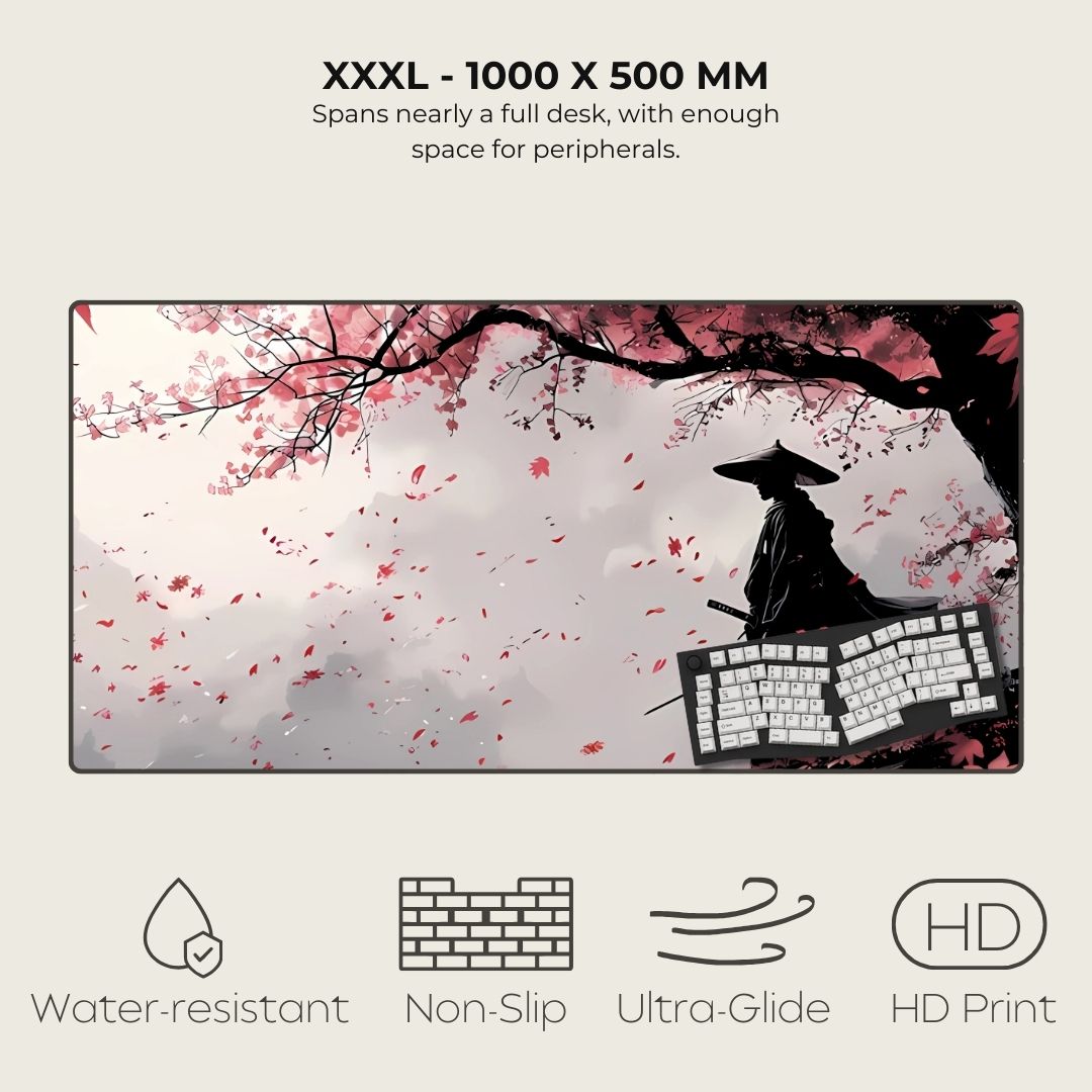 XXXL Japanese mouse pad with cherry blossom design and a samurai silhouette.