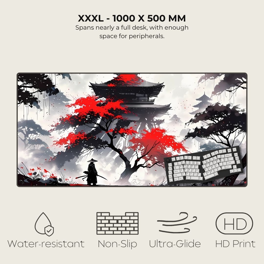 XXXL mousepad with Japanese-themed design featuring a pagoda and a red tree.