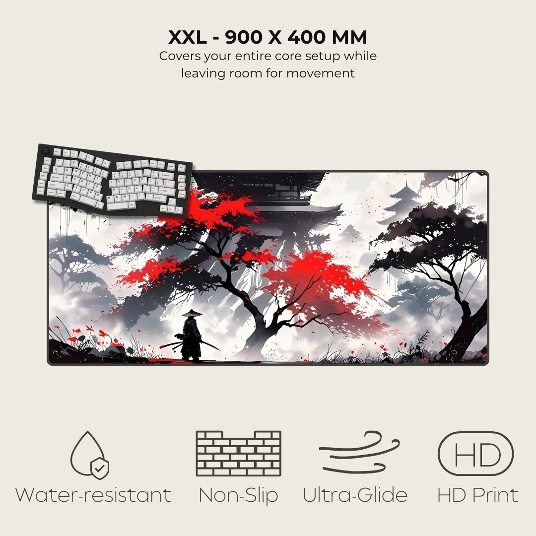 XXL gaming mousepad with Japanese-themed design featuring a pagoda and a red tree.