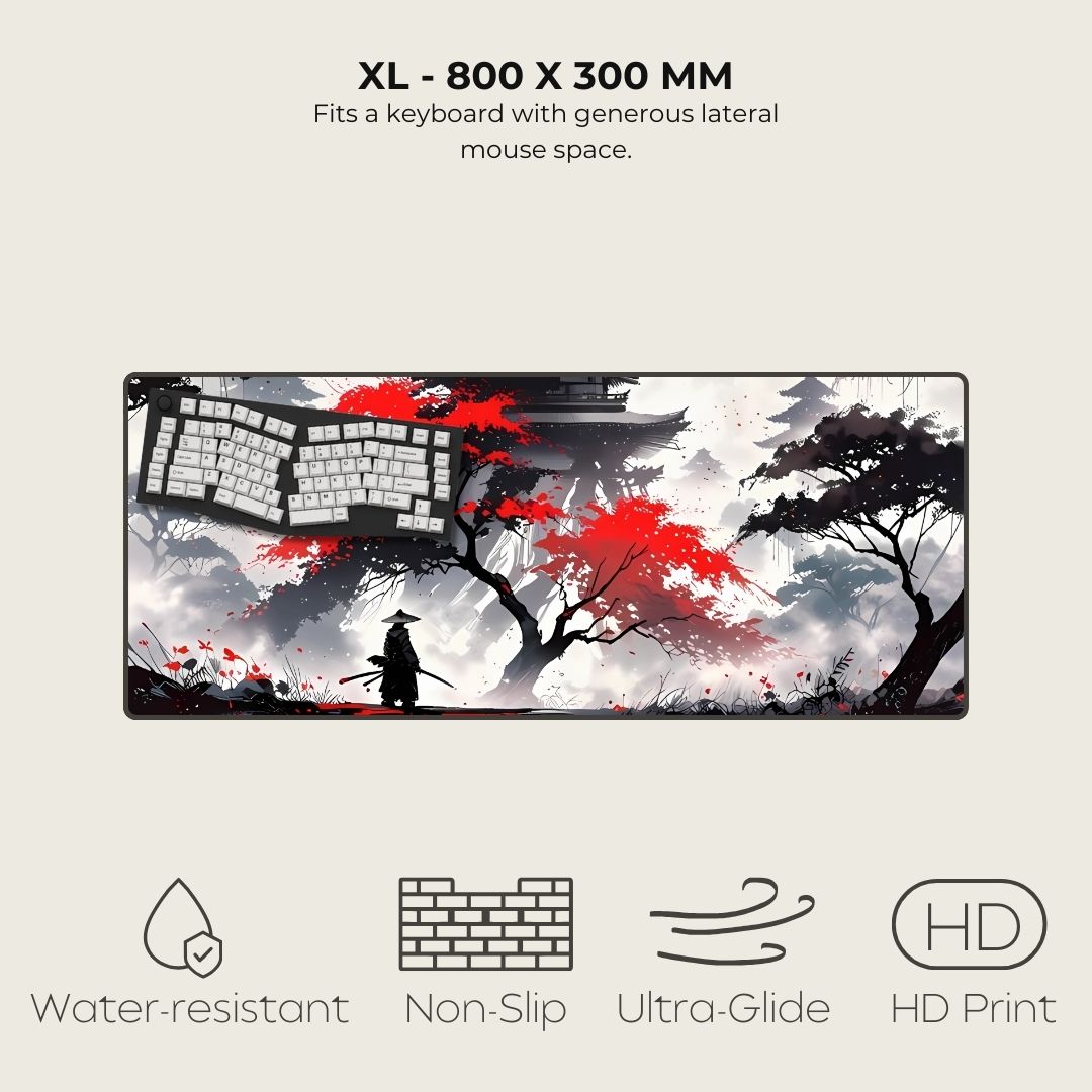 XL gaming mousepad with Japanese-themed design featuring a pagoda and a red tree.