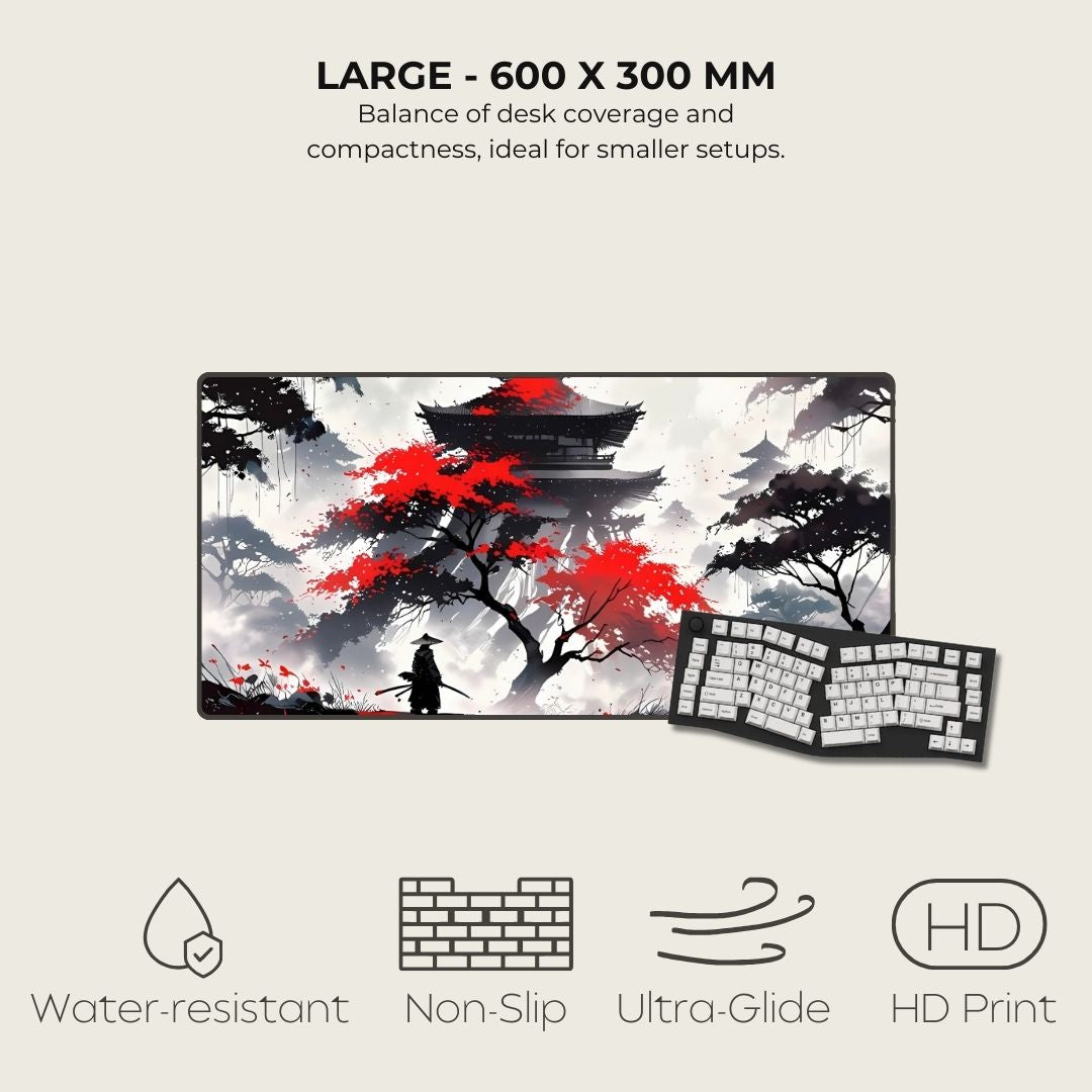 Large desk mat with Japanese-themed design featuring a pagoda and a red tree.