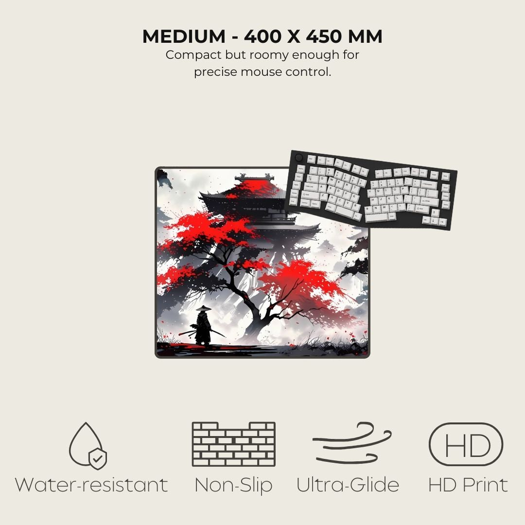 Medium desk mat with Japanese-themed design featuring a pagoda and a red tree.