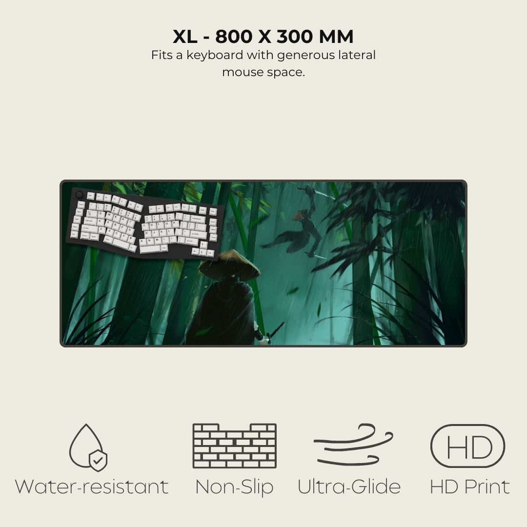 XL Asian mousepad with design of a samurai duel in a green, bamboo forest.