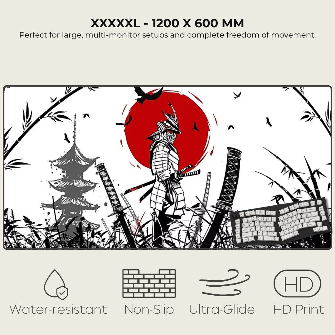 XXXXXL mouse pad with a warrior design, text about size and features, and icons indicating properties.
