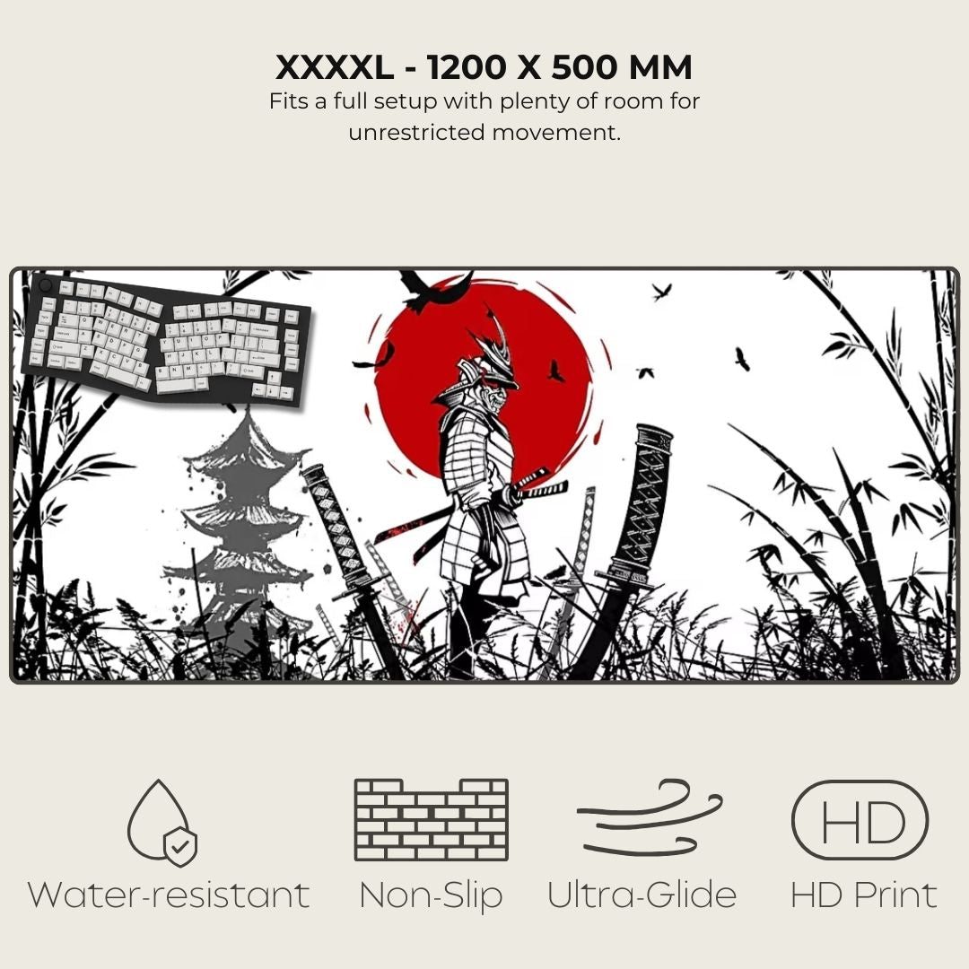 XXXXL mouse pad with a Samurai design, keyboard, and nature elements on a white background.