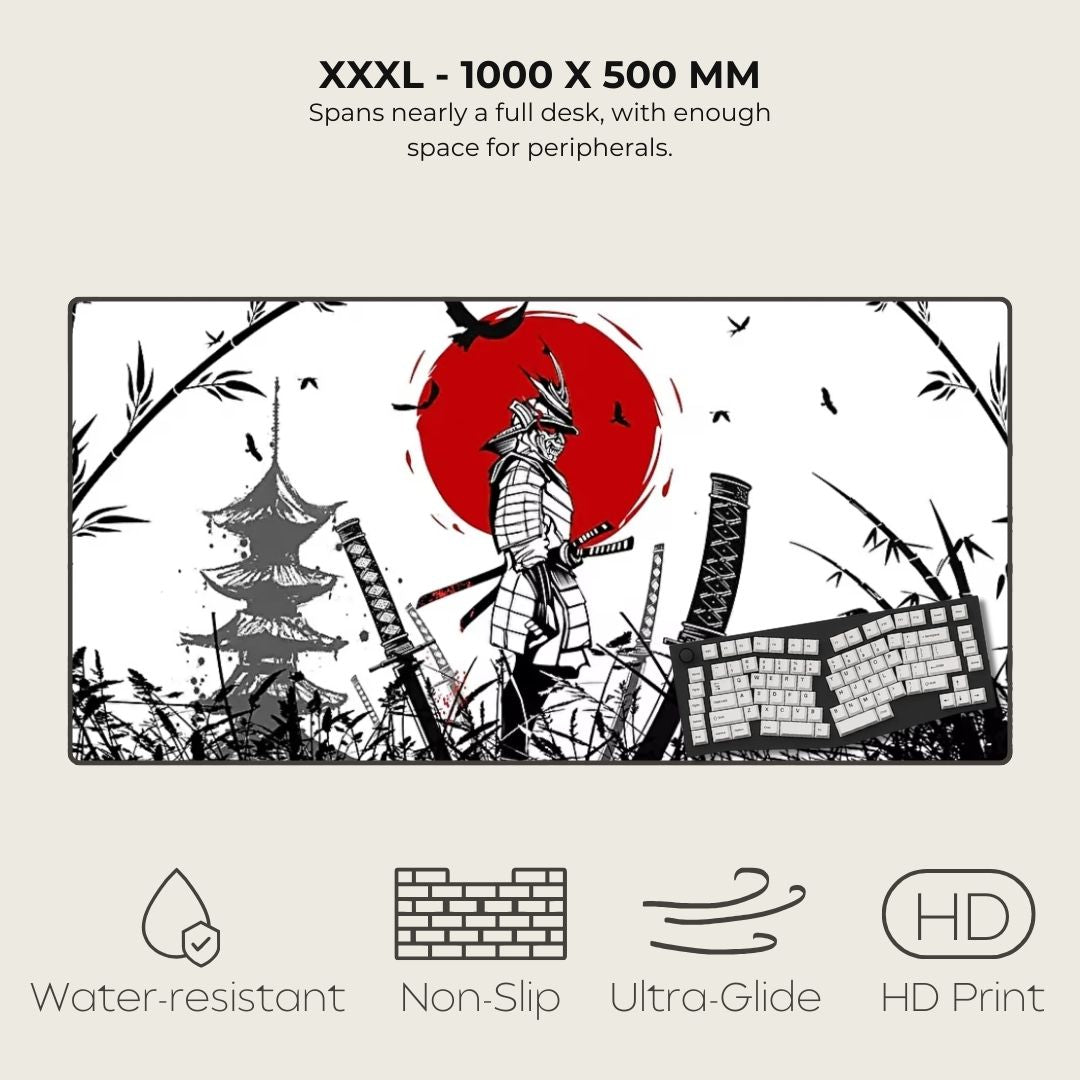 XXXL desk mat with Samurai design, size XXXL, features water-resistance, non-slip, ultra-glide, and HD print.
