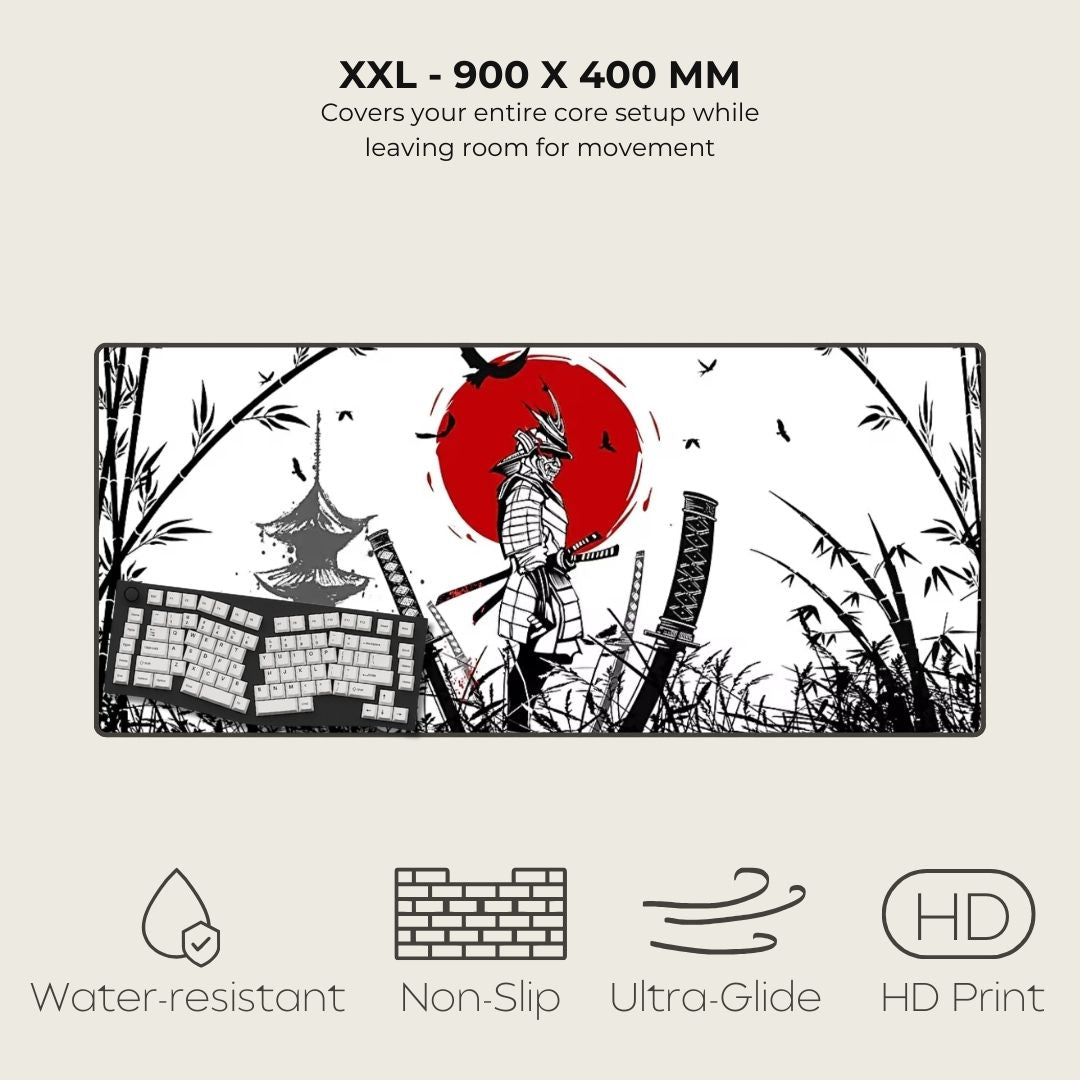 Product packaging with a design of a samurai and red sun, featuring text and icons indicating product features.
