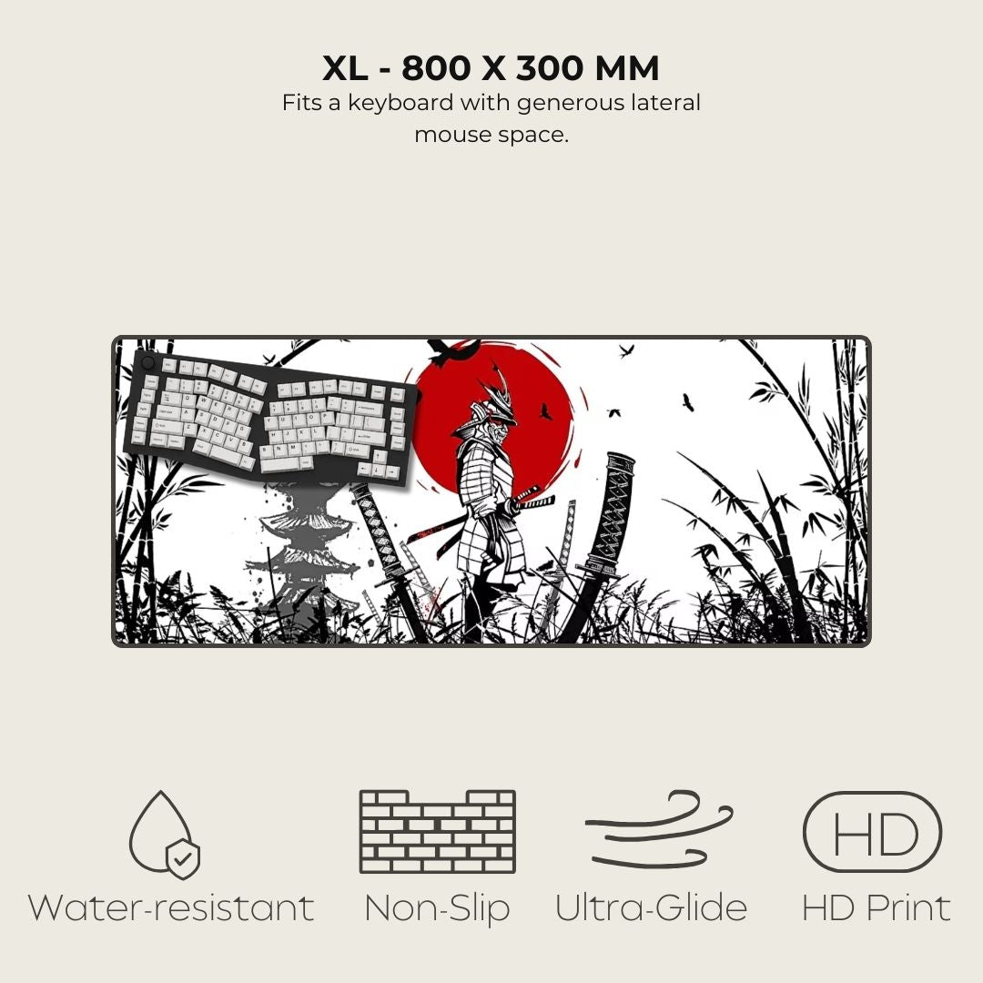 XL mousepad with Japanese-themed design featuring a samurai, trees, and a red moon.