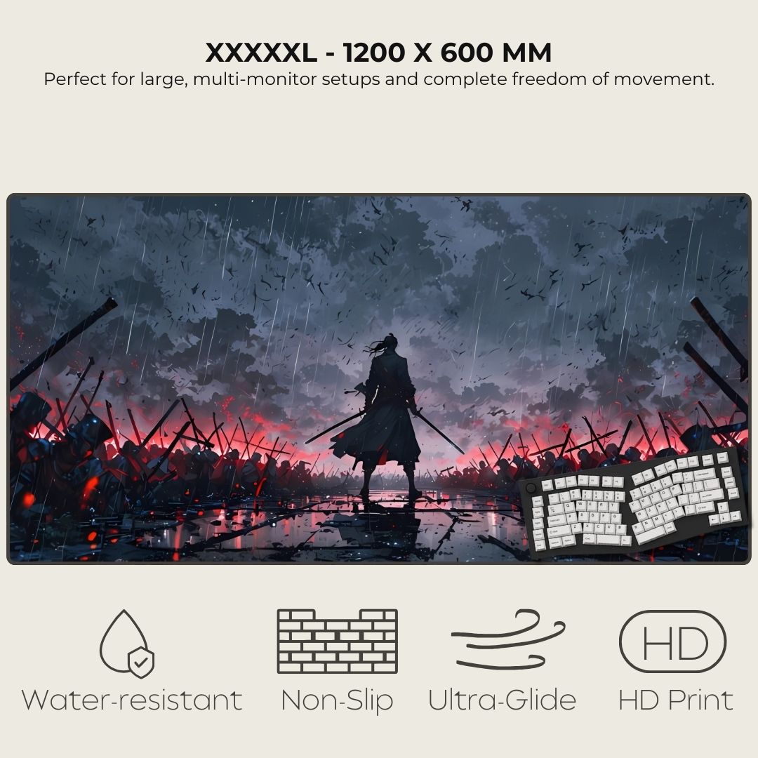 5XL mouse pad art of a warrior standing in a rain-soaked battlefield with a dark sky, surrounded by fallen soldiers and weapons.