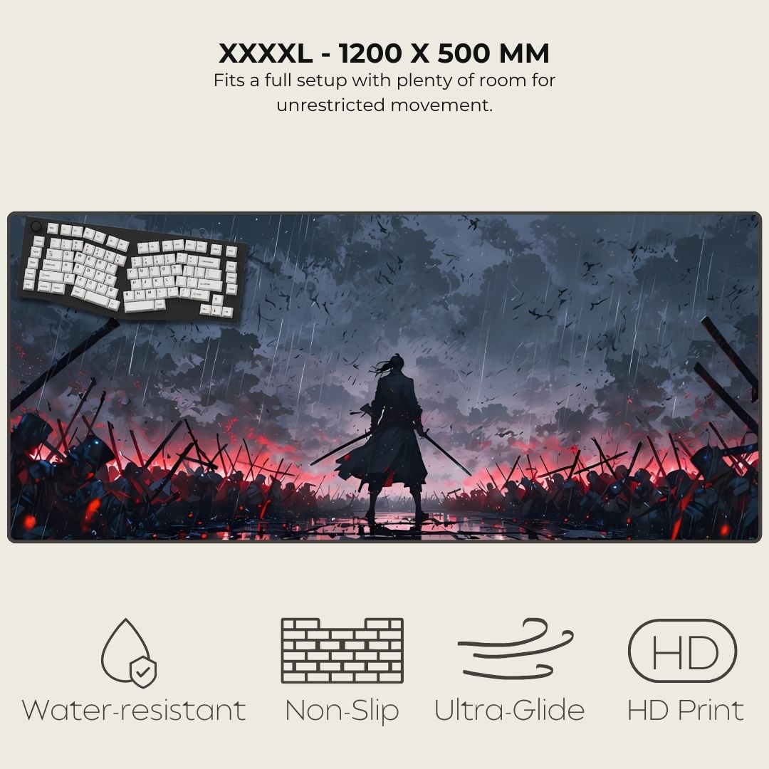 4XL mouse pad art of a warrior standing in a rain-soaked battlefield with a dark sky, surrounded by fallen soldiers and weapons.