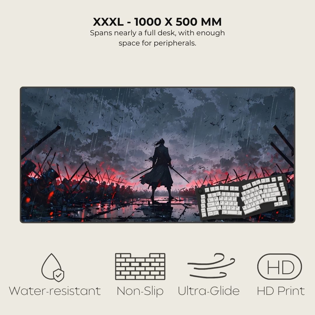 3XL desk mat art of a warrior standing in a rain-soaked battlefield with a dark sky, surrounded by fallen soldiers and weapons.