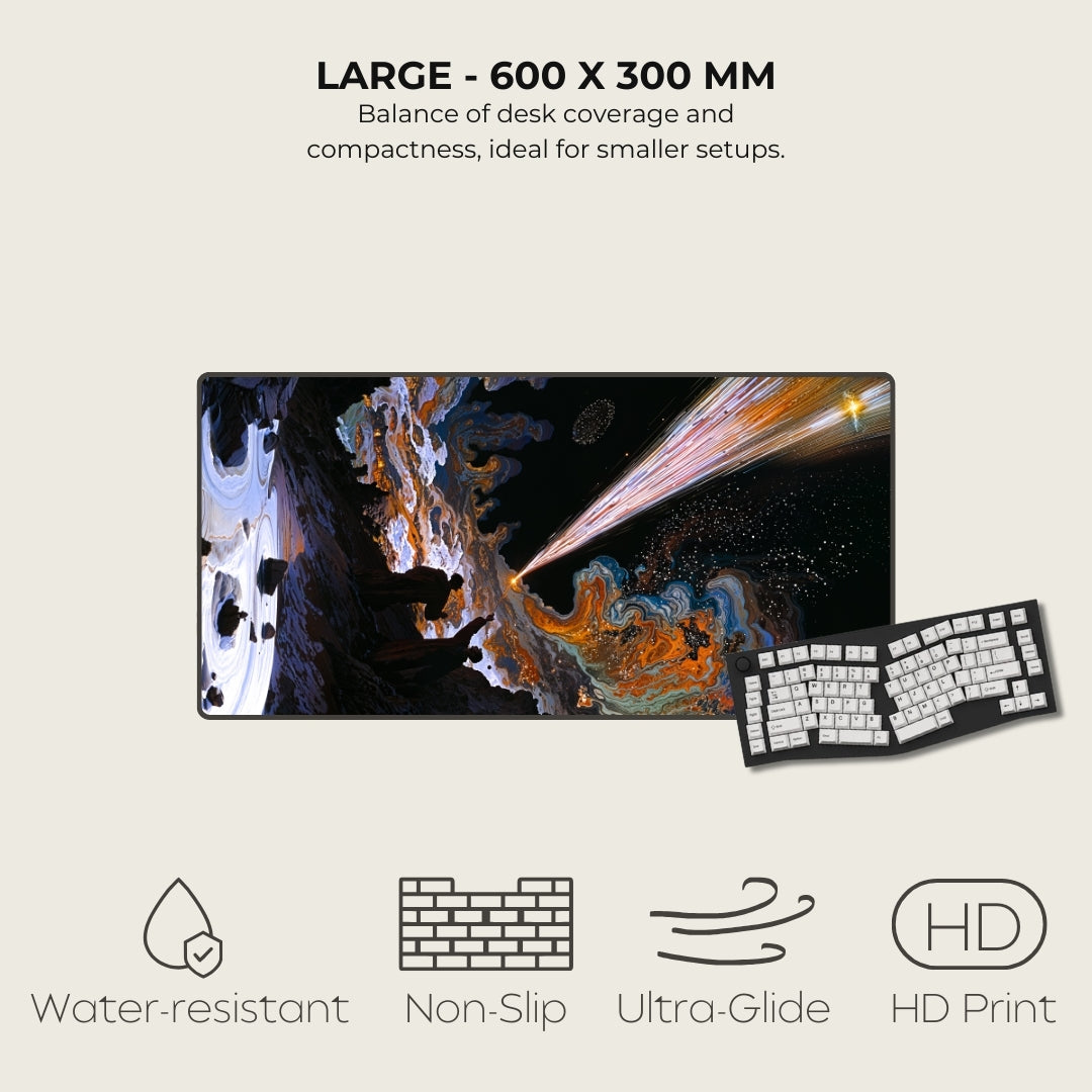 Large monitor with space-themed wallpaper and keyboard on a light beige background, featuring text and icons about product features.