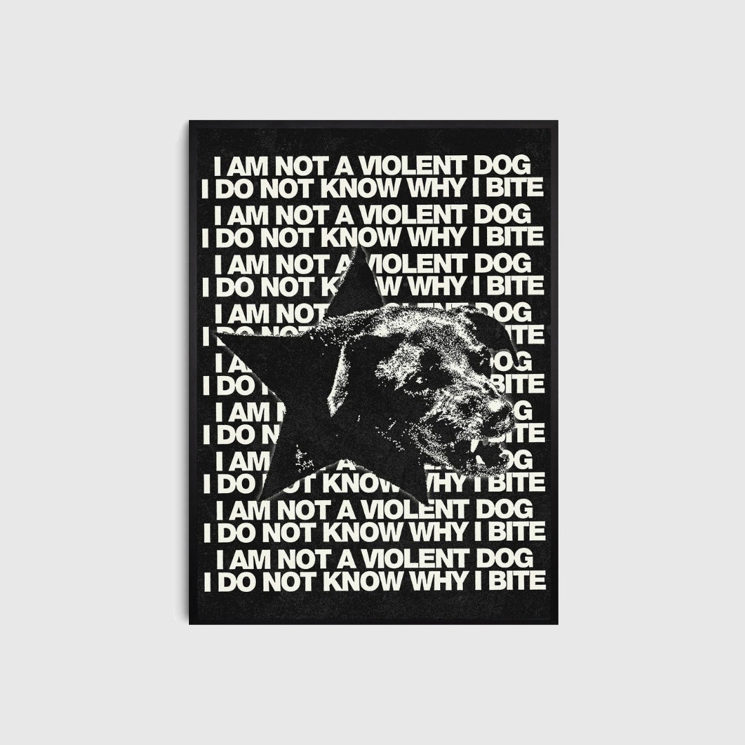 Poster with a dog and text 'I AM NOT A VIOLENT DOG I DO NOT KNOW WHY I BITE' on a black background.