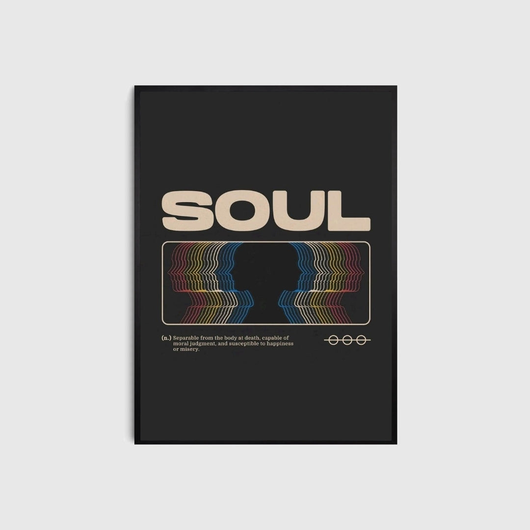 Poster with 'SOUL' text and rainbow design on a black background