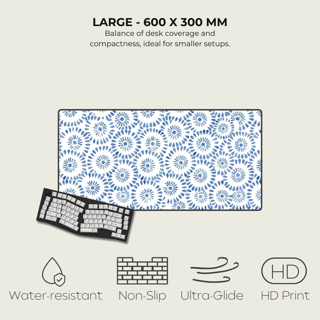 Patterned desk mat with keyboard on a light gray background, featuring text and icons about product features.