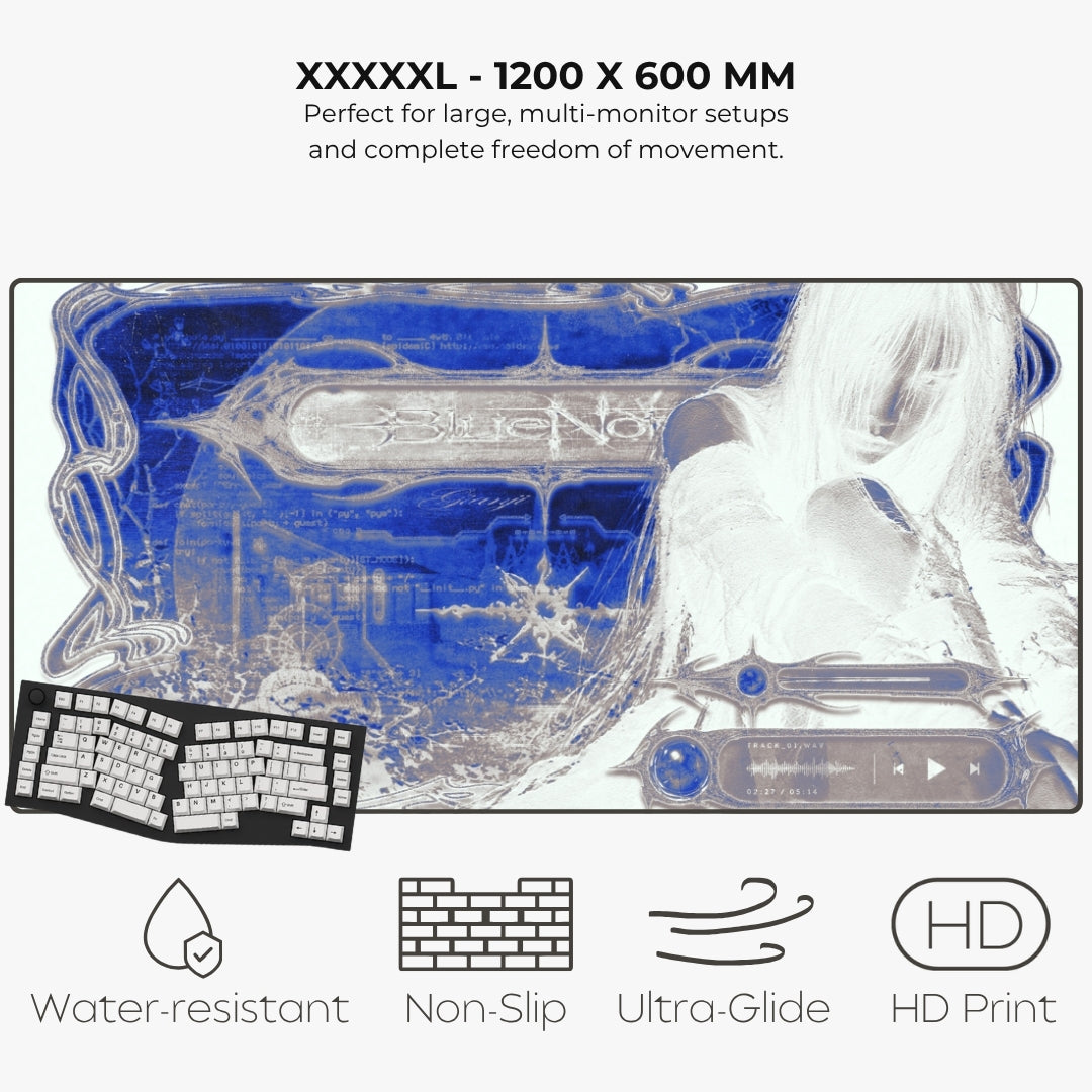 A large blue and white gaming desk mat with a futuristic cyberpunk design, featuring a stylized female character and circuit patterns. The image includes text stating 'XXXXL - 1200 X 600 MM' and feature icons for 'Water-resistant', 'Non-Slip', 'Ultra-Glide', and 'HD Print'.