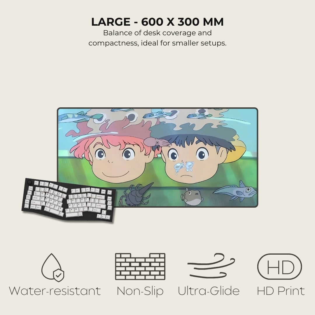 Large mouse pad with cartoon design, text about size and features, and icons indicating water-resistance, non-slip, ultra-glide, and HD print.