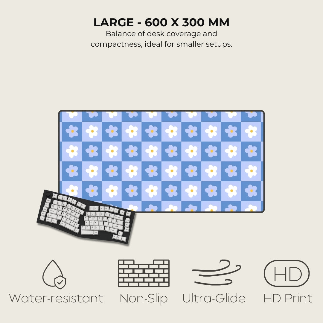 Floral patterned desk mat with size 600 x 300 mm, features listed below on a light gray background