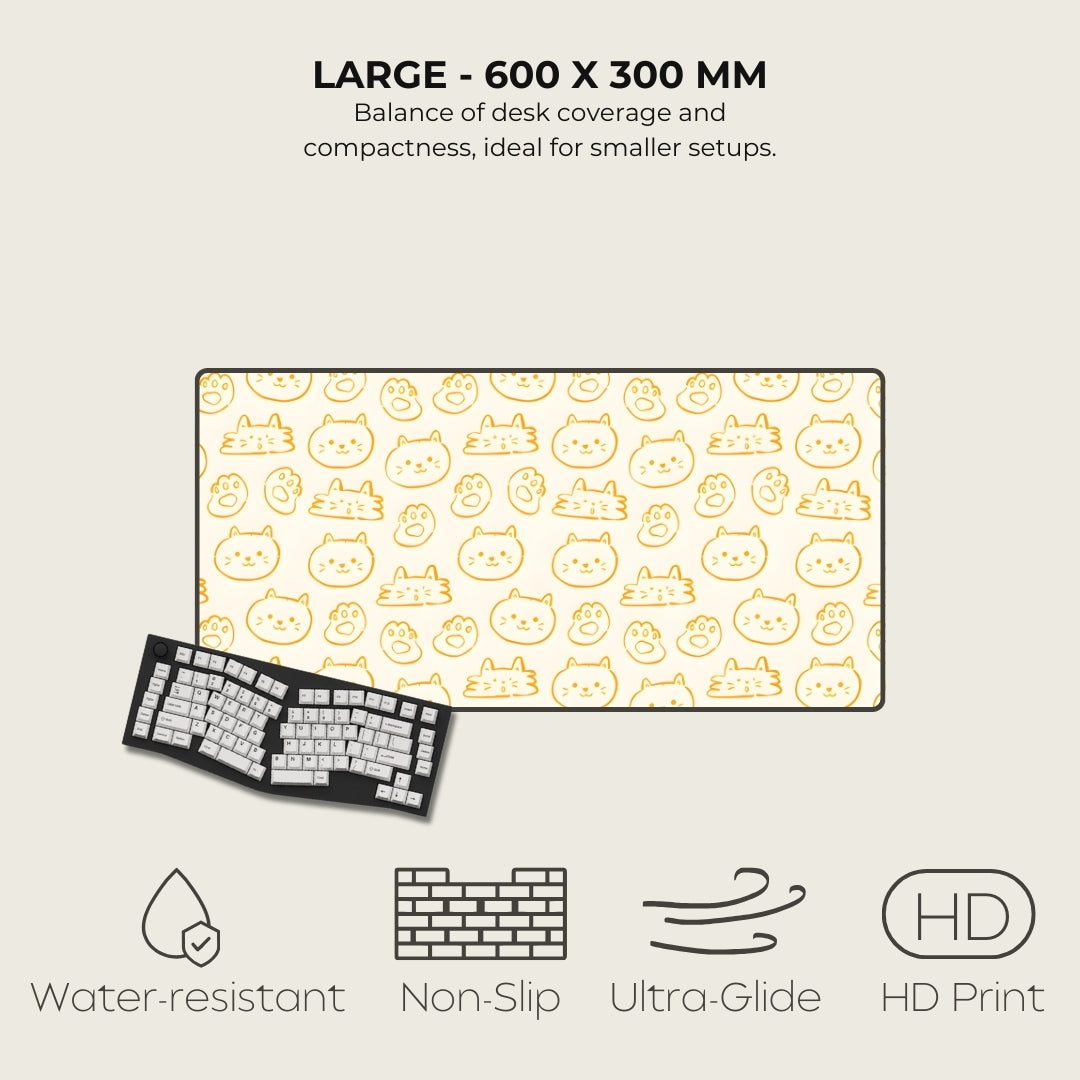 Large mouse pad with cat pattern, keyboard, and feature icons on a light gray background