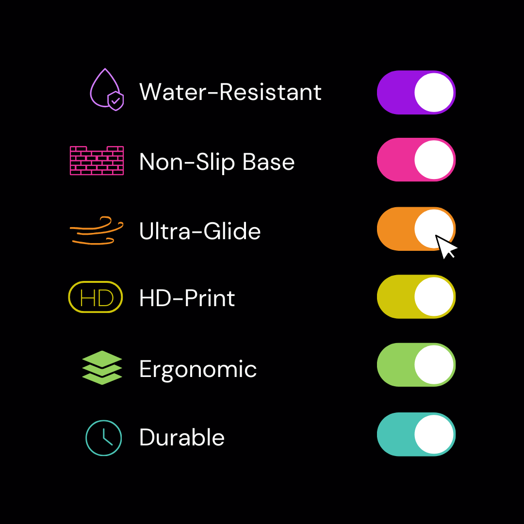List of product features with corresponding toggles on a black background