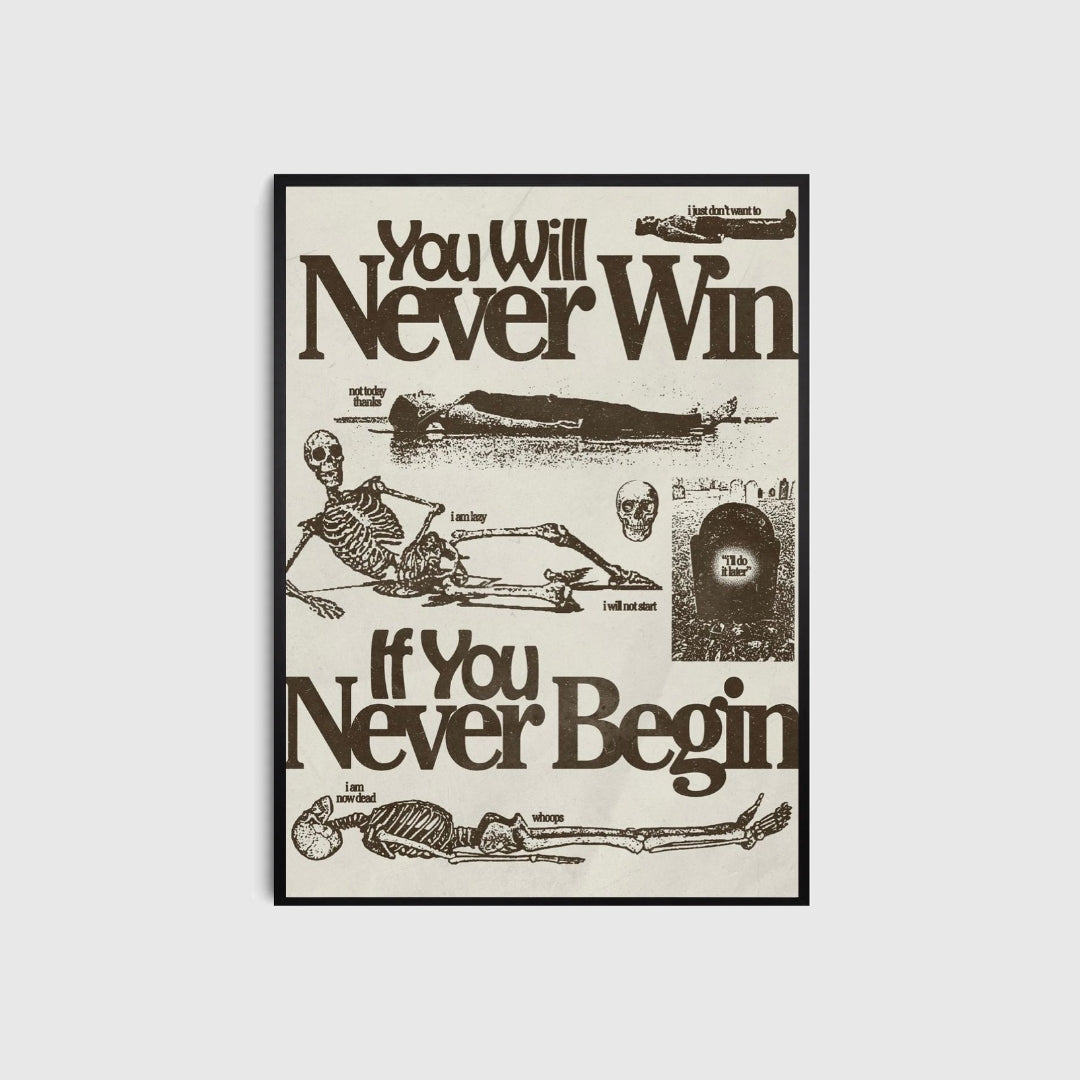 Poster with skeleton illustration and text on a white background