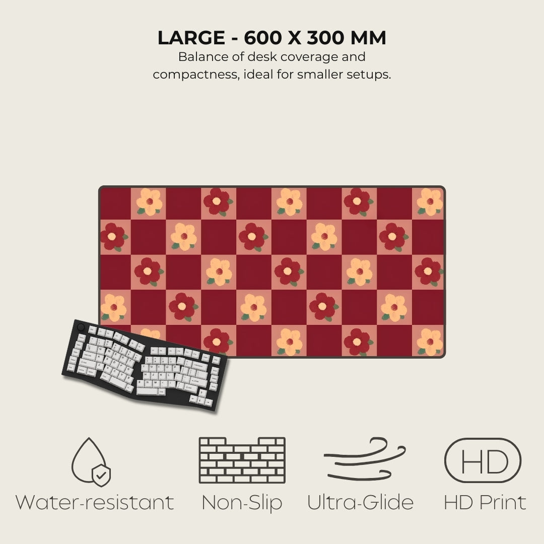 Floral patterned desk mat with keyboard on a beige background, featuring text and icons about product features.
