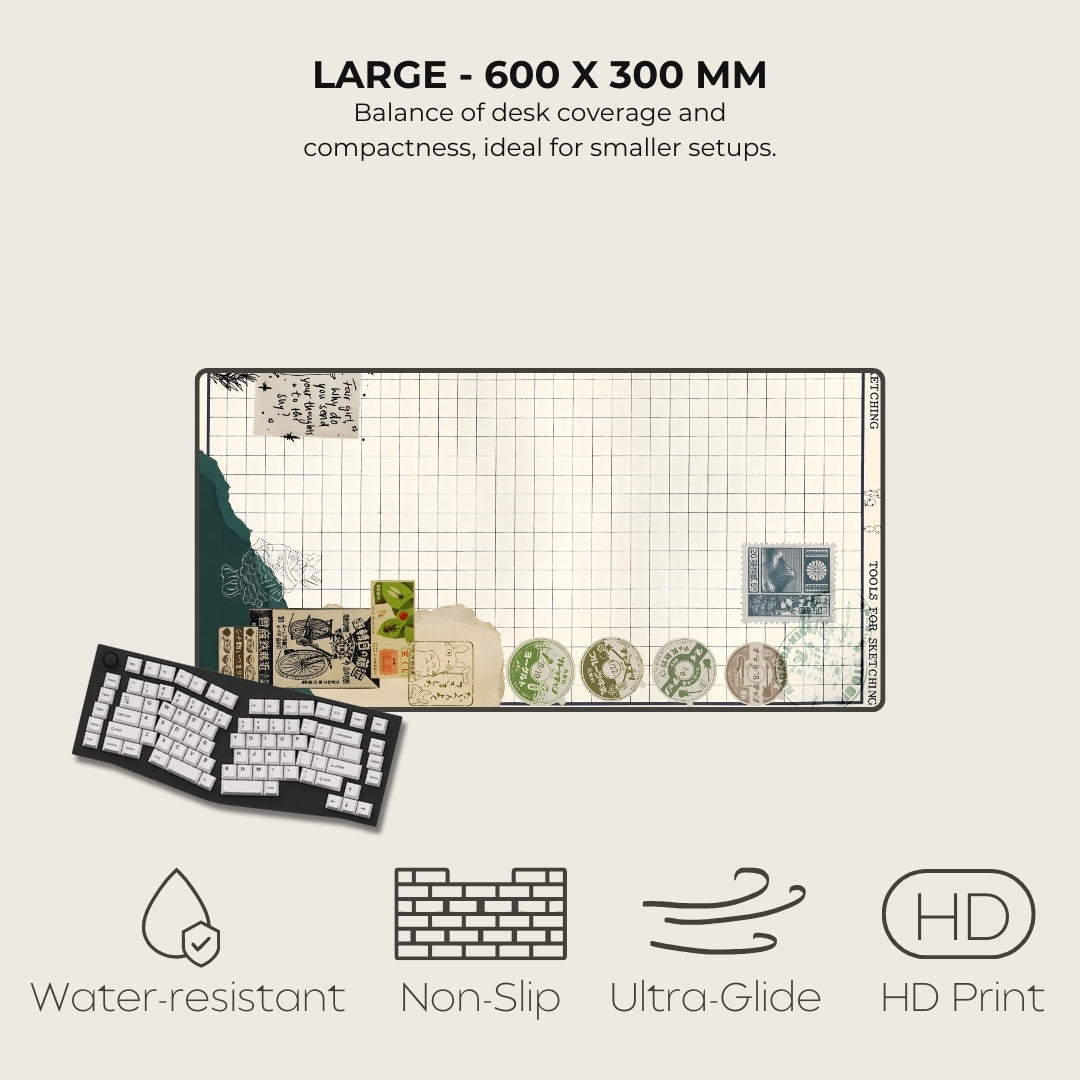 Large desk mat with text and product features on a light background