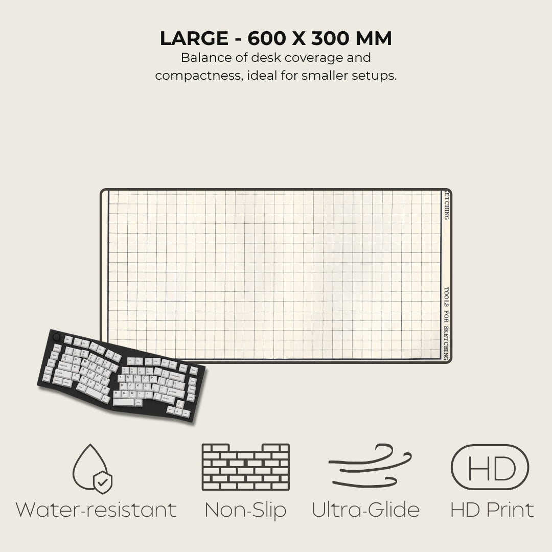 Large desk mat with grid pattern, keyboard, and feature icons on a beige background