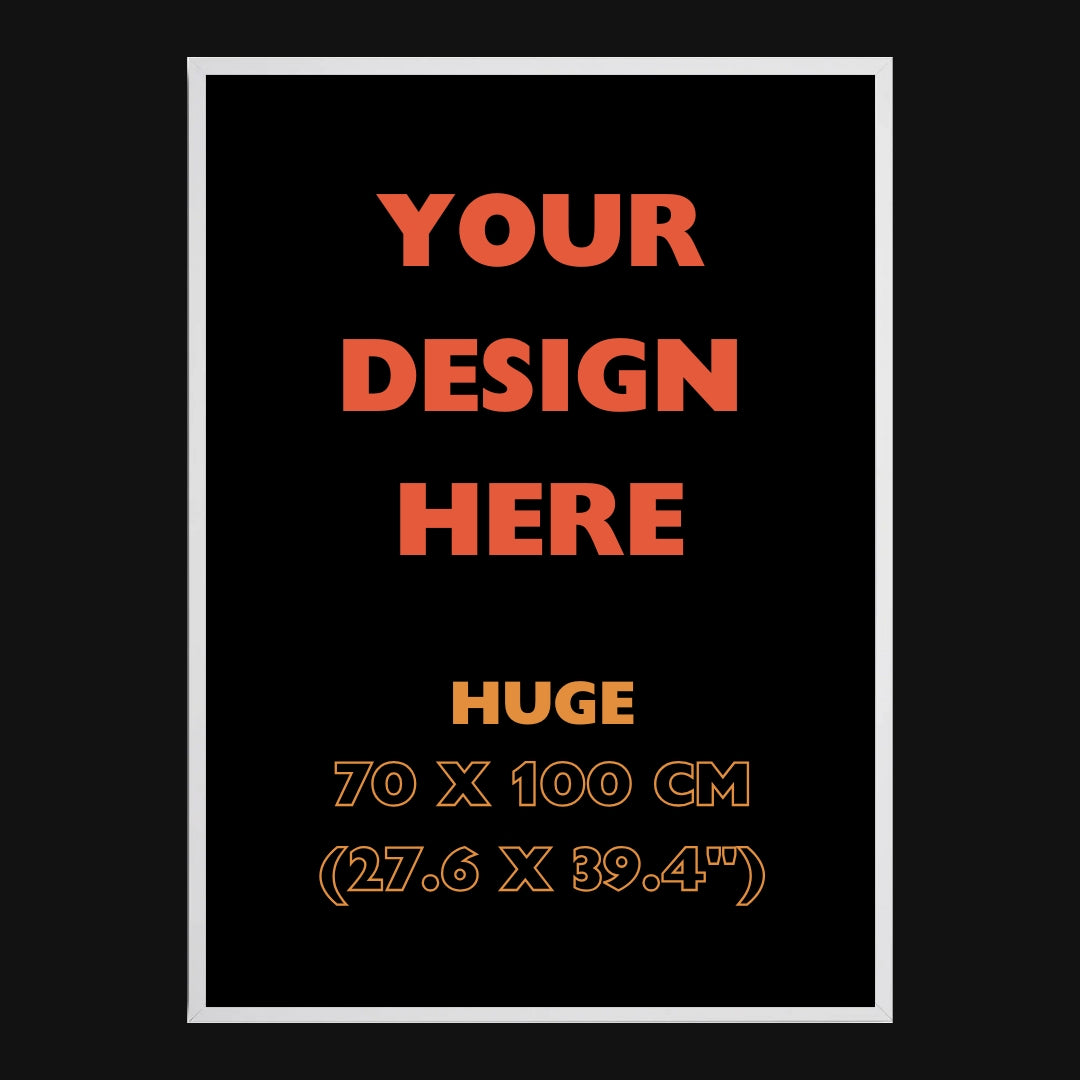 Placeholder design with text 'Your Design Here' and dimensions on a black background
