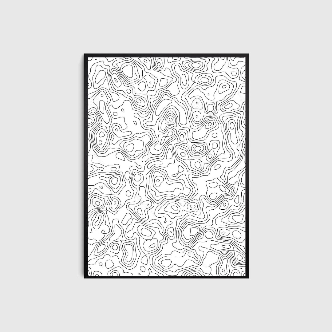 Framed artwork with black and white abstract pattern on a light gray background