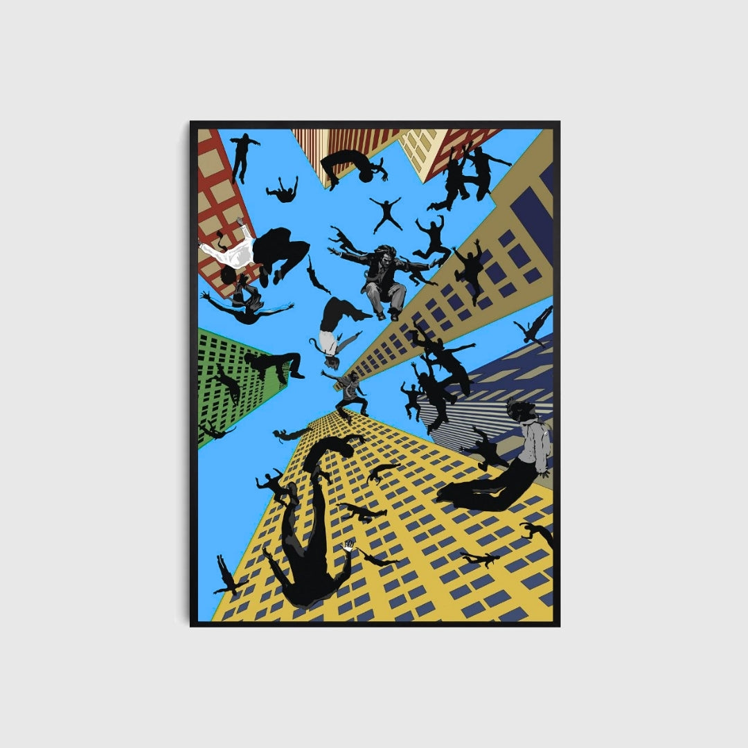 Framed artwork of a stylized cityscape with people falling from buildings.