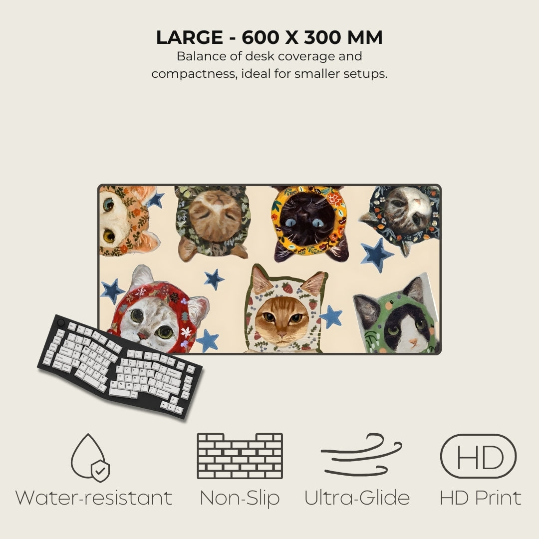 Cat-themed mouse pad with various cat designs on a beige background, featuring text about size and features.