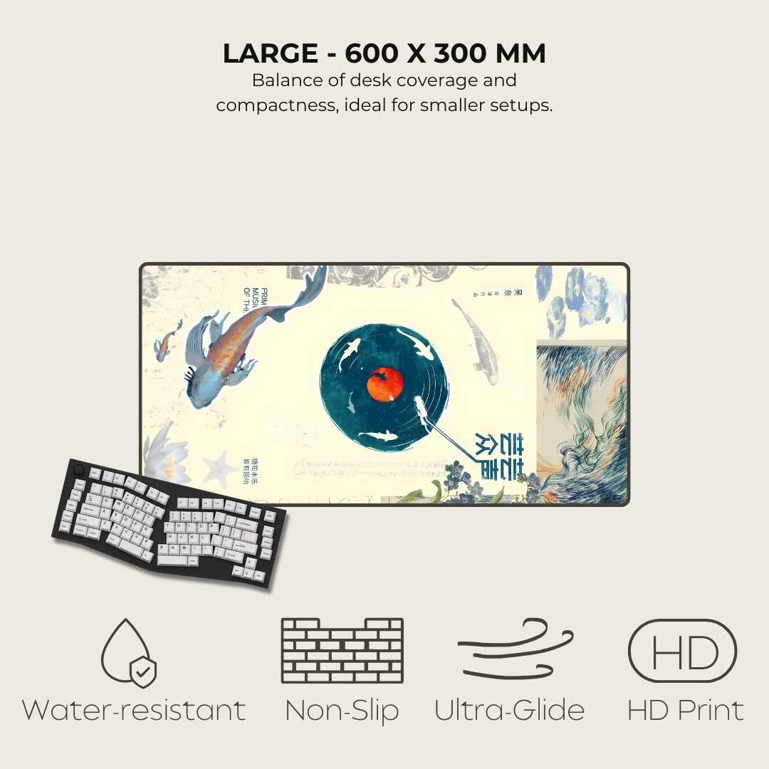 Large desk mat with artistic design, keyboard on the left, text about size and features on the right.