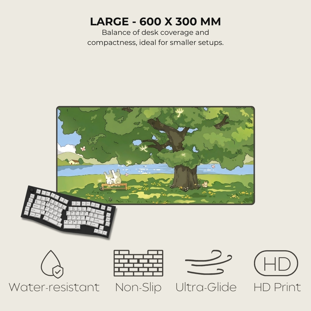 Large mouse pad with nature design, keyboard, and feature icons on a beige background