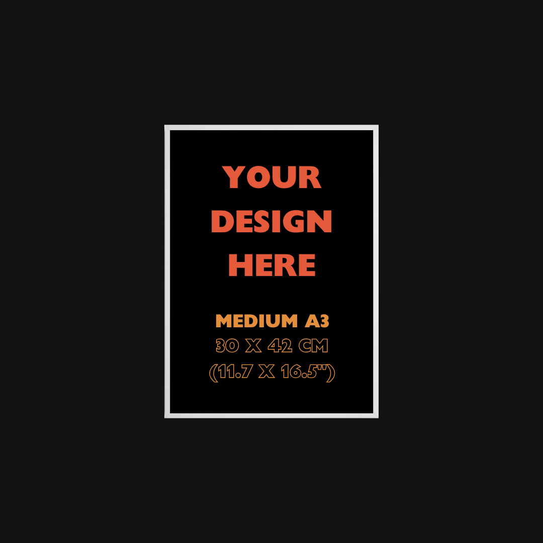 Placeholder design with text 'Your Design Here' and dimensions on a black background