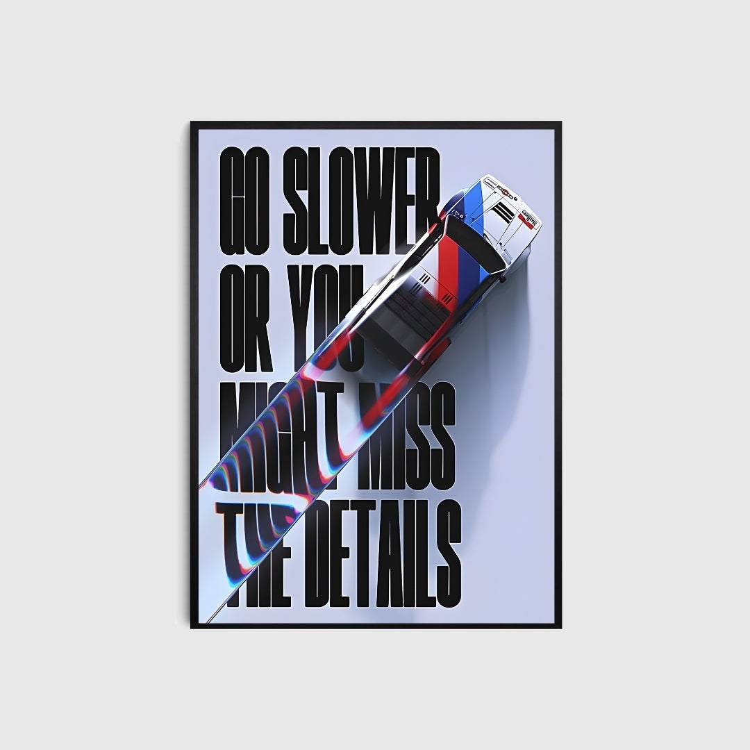 Framed poster with a glass object and text on a light gray background