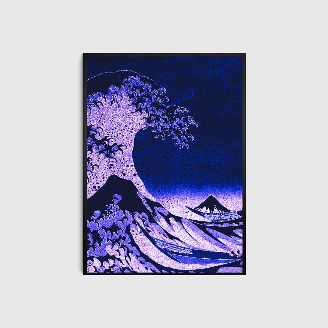 Framed artwork of a stylized wave with Mount Fuji in purple on a light gray background